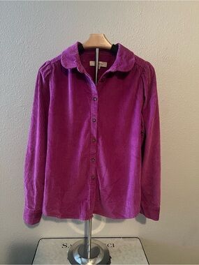 LOFT Top Womens S purple Corduroy Shirt Button Up Puff Sleeve Collar Cotton